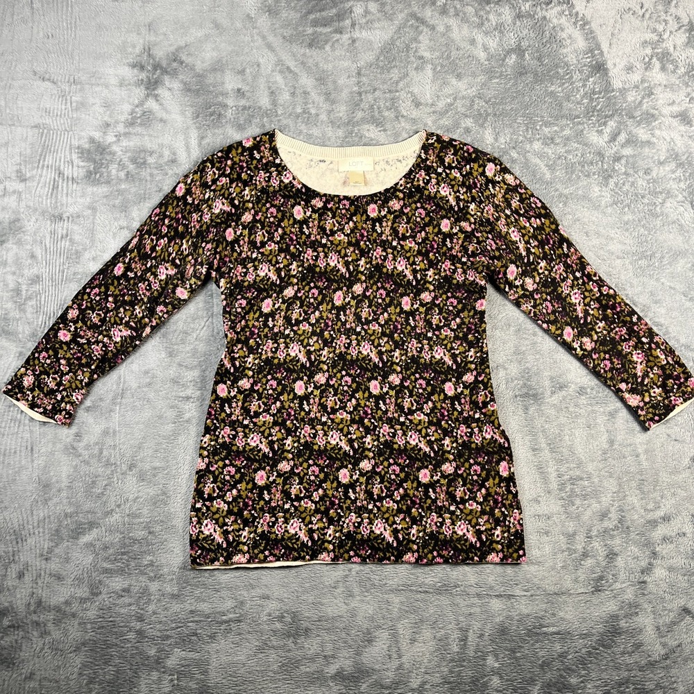 Ann Taylor Loft Top Womens Small Petite Multi Floral Knit Round Neck Bohemian